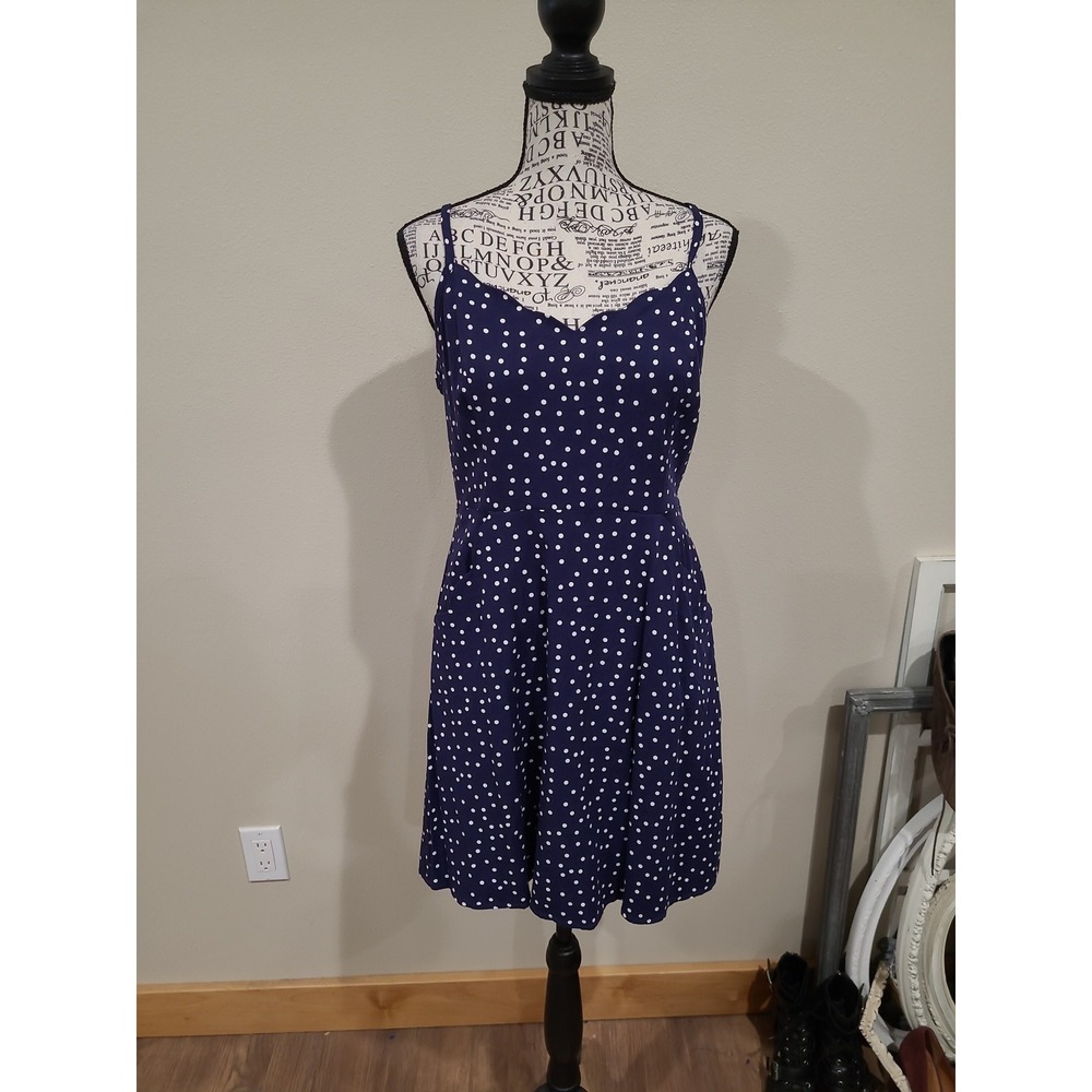 41 Hawthorn Nautical Coastal Navy Polka Dot Women SZ PM fit flare mini Sundress‎